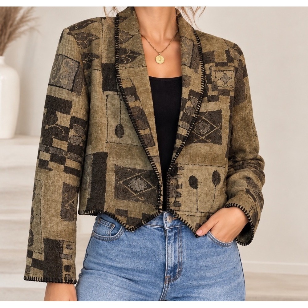 Expose Womens 90s Patchwork Tapestry USA Cropped Blazer Jacket Sz M Beige Brown